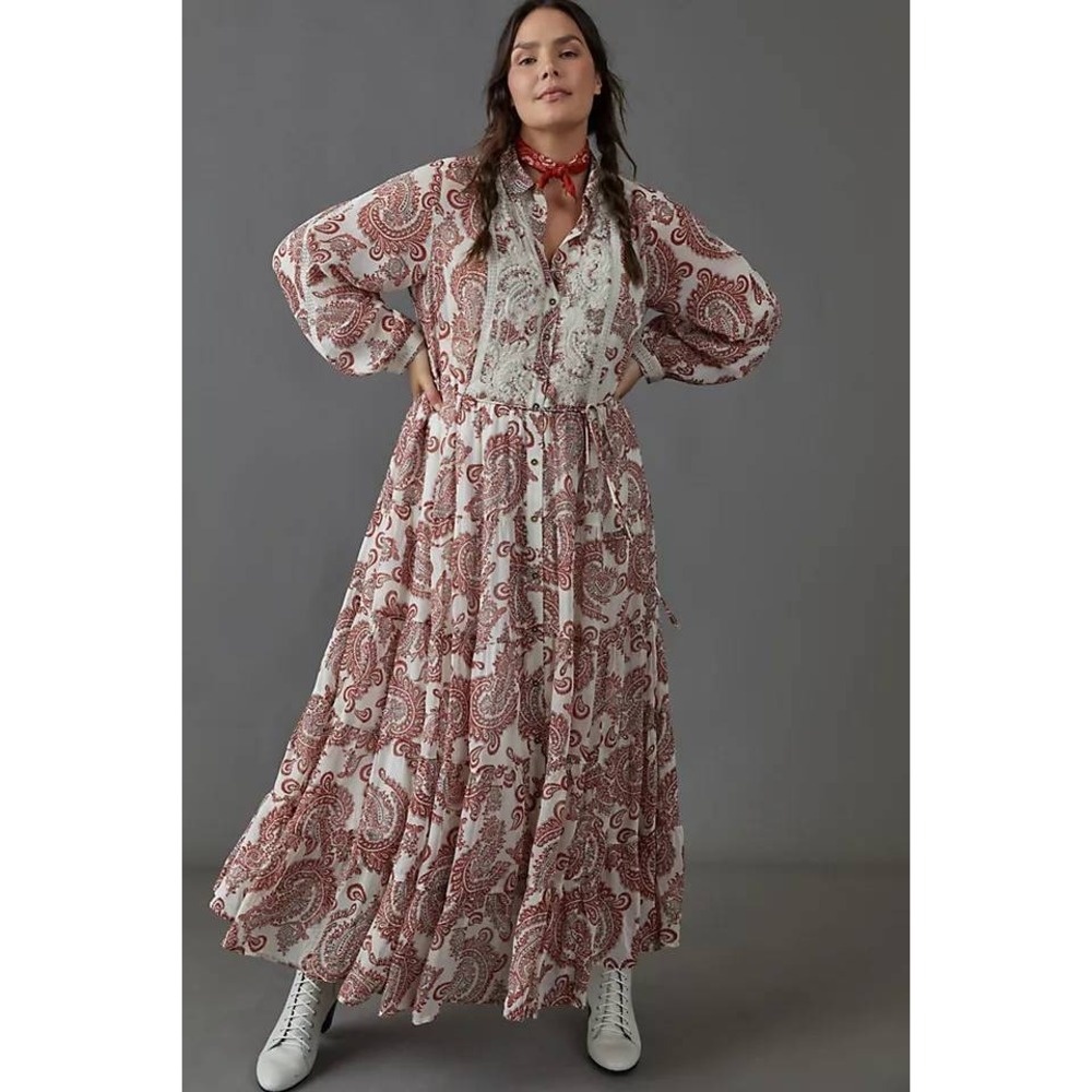 Anthropologie Allaire Maxi Shirtdress, Red Paisley Embroidered Maxi Dress XL
